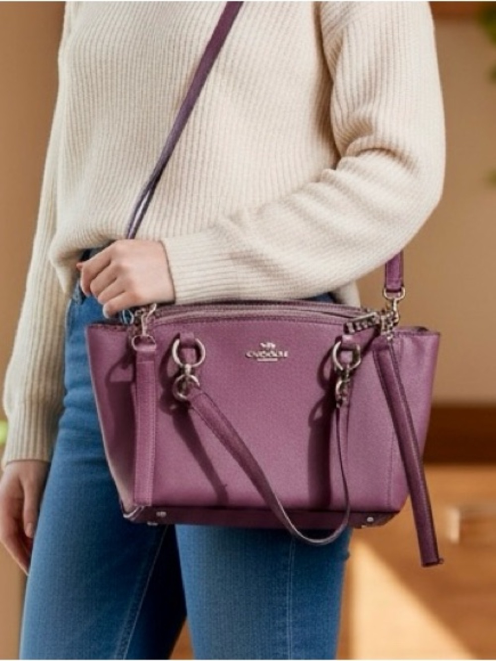 Coach Purple Crossgrain Leather Mini Carryall Crossbody Bag
